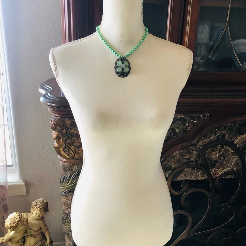 Handcrafted repurpose speckle green glass pendant Czech glass Pearl necklace